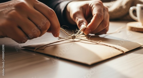 Wallpaper Mural Close-up of hands tying a jute string around a wrapped package on a wooden desk with a cup in the Torontodigital.ca