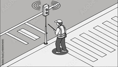 Overhead drone view (top-down) of a surveyor standing on a road marking with GNSS pole, waves from pole, vector Illustration