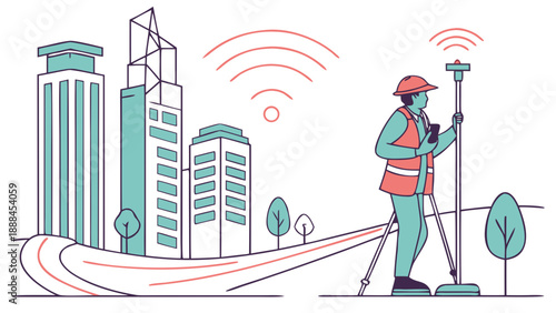 Line art vector illustration with limited color, showing a surveyor using a GPS/GNSS pole and data collector in a smart city environment with buildings and wireless signals