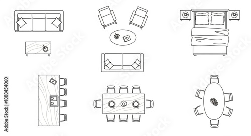 Top Down View Of Furniture Layouts For Different Rooms.