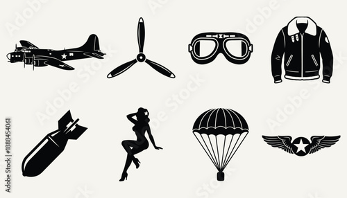 Vintage Aviation and WWII Icons Vector Set