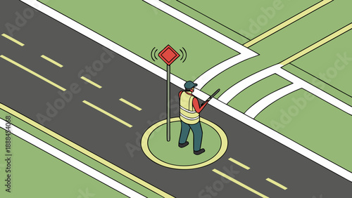 surveyor standing on a road circle, using a handheld GNSS pole near a smart sign with wireless signals