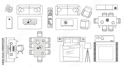 Top down view of architectural floor plans for residential spaces.