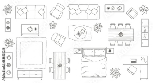 Top down view of architectural floor plan with furniture.