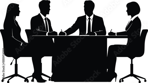 Black and white vector silhouette of business professional team meeting at a desk for contract signing and corporate partnership negotiation isolated on white background