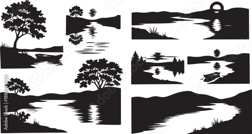 Black and white landscape silhouettes with trees and water