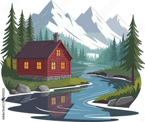 The cabin is surrounded by trees and rocks and the river is calm and peaceful beautiful landscape vector on white background.
