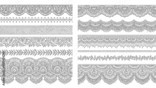 Intricate black and white lace borders and ornamental patterns arranged in a grid