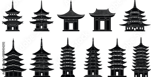 Large Vector Silhouette Collection of Traditional Japanese Pagodas and Chinese Temples for East Asian Architecture Culture and Zen Oriental Landscape Design