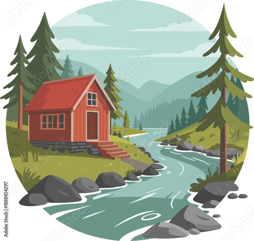A small red cabin is situated on the side of a river in a mountainous area landscape vector on white background.