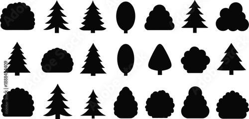 Large Vector Silhouette Collection of Various Trees Pine Firs and Garden Bushes for Landscape Design Nature Environment and Outdoor Forest Scenery Illustration