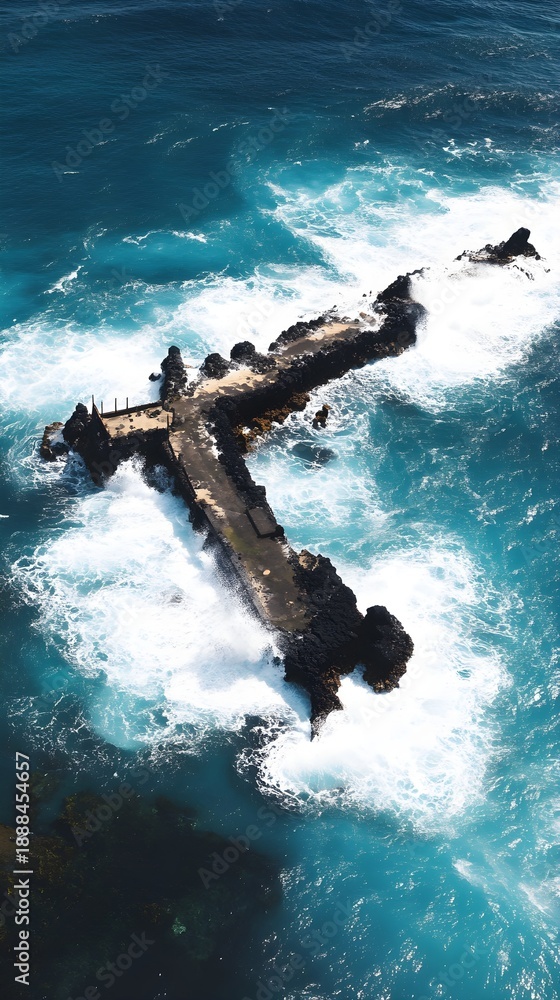 Fototapeta premium Aerial view of concrete pier and dark rocks with crashing ocean waves
