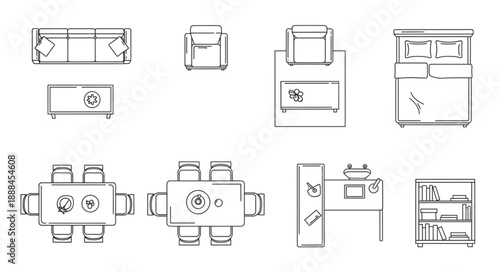 Top view furniture collection for interior design planning.
