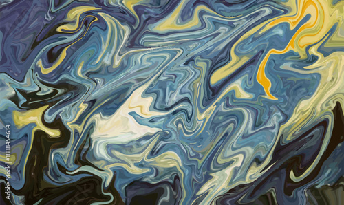 Abstract fluid marble swirl background texture featuring dynamic blending of deep indigo blues and vibrant golden yellow ochre paint streaks