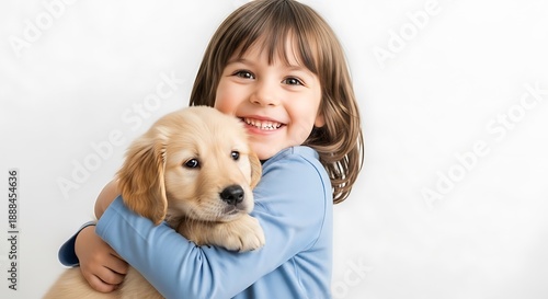 Happy little girl hugging a golden retriever puppy on a white background, concept of childhood friendship and love for animals.