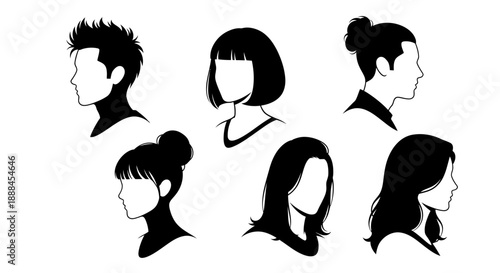 Diverse Silhouetted Head and Hairstyle Avatars for Men and Women, Vector Collection