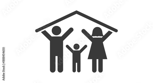 Happy Family Icon with Open Arms Under Protective House Roof, Symbolizing Shelter