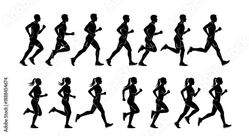 Dynamic Silhouettes of Male and Female Runners in Motion, Illustrating Fitness and Sport