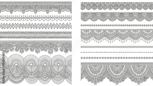 Collection of ornate black and white lace borders and decorative elements