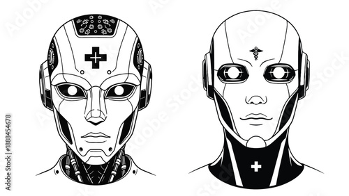 Futuristic medical robot headshots illustration exploring ai diagnostics biotech interfaces and clinical identity verification for health technology