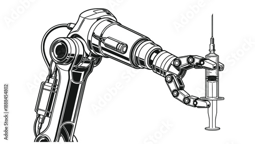 Industrial robotic arm holding syringe illustration for automated vaccine production laboratory automation and medical manufacturing