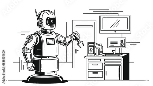 Robotic laboratory assistant in clinical workstation illustration for sample handling automation and research productivity