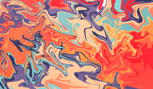 Vibrant abstract liquid marble texture background featuring swirling patterns of rich coral red, orange, pale peach, and deep indigo blue tones