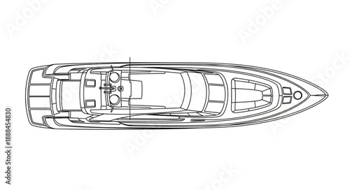 Top view blueprint sketch of a luxury yacht design.