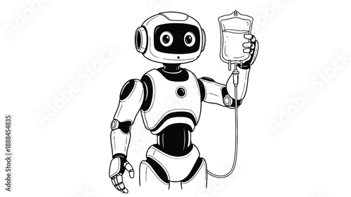 Medical robot administering iv bag icon for automated infusion, clinical support and hospital operations vector illustration