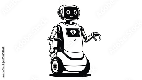 Delivery robot mascot for medical logistics, automated hospital transport and healthcare supply-chain branding vector illustration