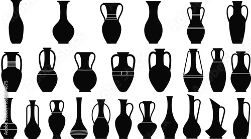 Set of Ancient Vase Silhouettes Including Greek Amphoras Pottery Jugs and Decorative Ceramic Vessels for Museum Exhibits History and Interior Design