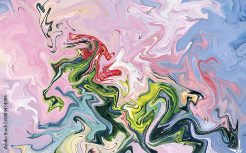 Vibrant abstract digital fluid art marble texture background blending pastel pink blues and striking vivid green swirling patterns