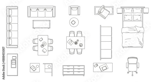 Top down view of various furniture items and room layouts.