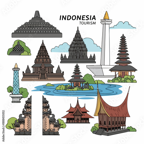 Indonesian landmarks and temples illustration