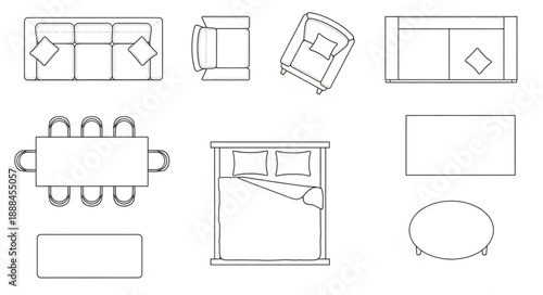 Top Down View Of Furniture Layouts For Interior Design.