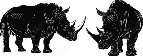 Black rhinoceros silhouettes illustration facing each other, powerful wild animal artwork isolated on white background for wildlife design, conservation concept, vector style graphic