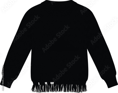 Black fringed sweater mockup isolated on white background, minimalist long sleeve knit pullover apparel design for fashion branding, ecommerce, winter clothing catalogs