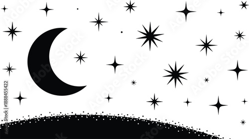 Black silhouette illustration of a crescent moon and glowing stars in a night sky over a desert landscape horizon for bedtime stories and celestial backgrounds