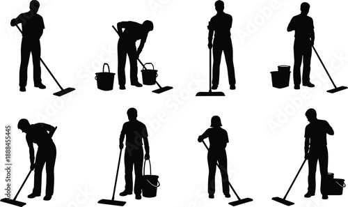 Set of Professional Janitorial Service Worker Silhouettes Mopping Floors and Carrying Buckets Isolated on White Background for Commercial Cleaning Design