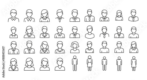 Diverse Collection of Human Icons Representing People and Professions in Outline Style