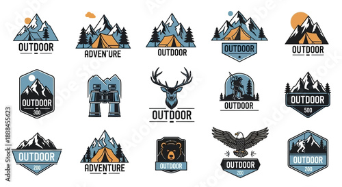 Collection of Vintage Outdoor Adventure Vector Badges and Emblems with Mountains and Tents