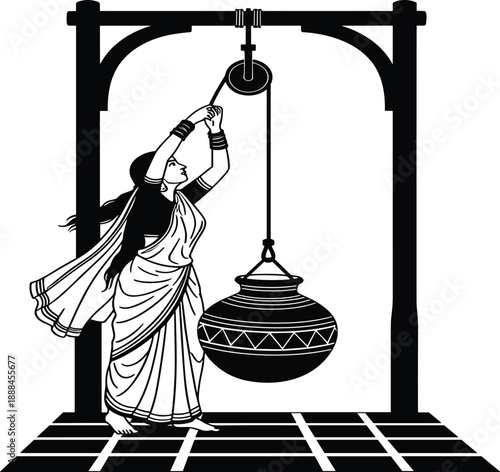 Black silhouette illustration of a traditional Indian woman wearing a sari and bangles drawing water from a rural well with a pulley and rope system