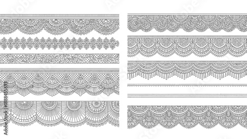 Intricate black and white lace patterns arranged in horizontal bands and borders