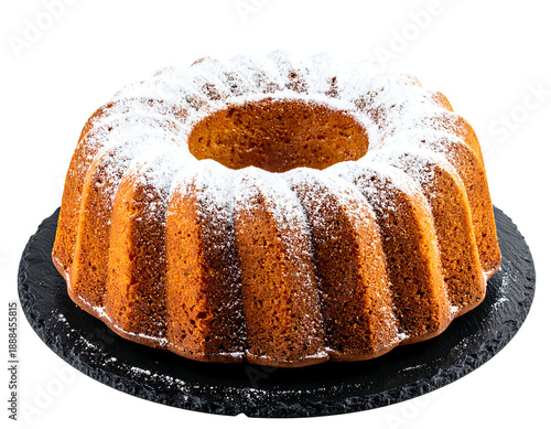 A freshly baked, golden brown, round cake with a hole in the center, dusted with powdered sugar, on a dark plate