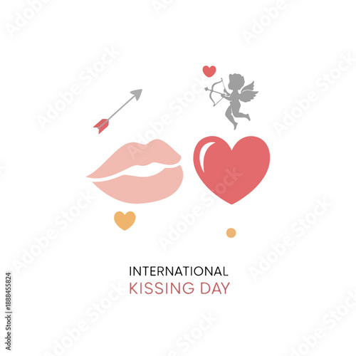 International Kissing Day graphic with lips, hearts, and cupid