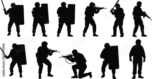 Large Vector Silhouette Collection of Soldiers and Police Officers with Tactical Gear Weapons and Shields for Military Combat and Law Enforcement Security Design