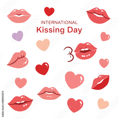 International Kissing Day illustration with lips and hearts