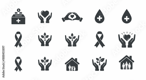 Vector Icons Representing Charity, Generosity, Support, and Well-being Concepts