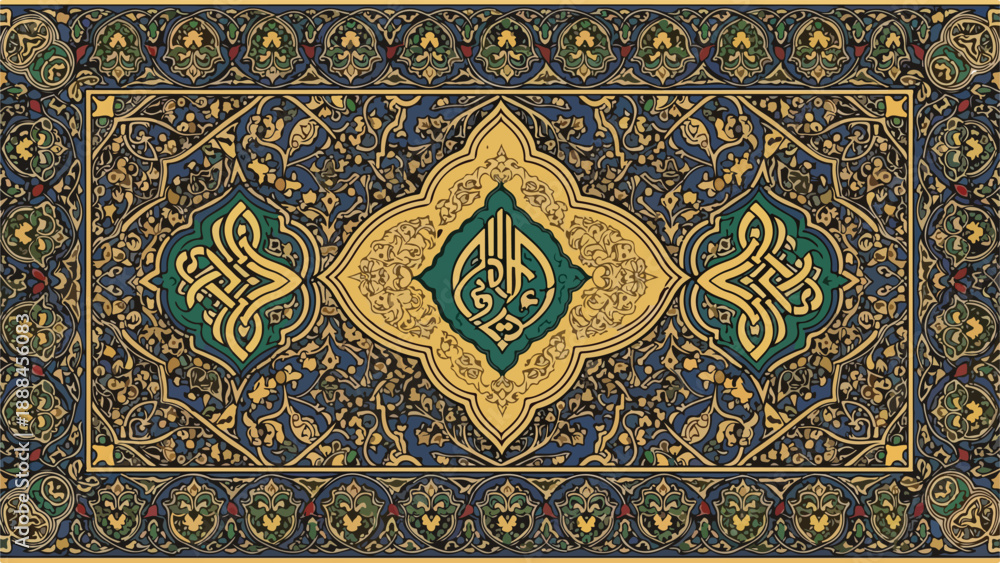 Obraz premium Intricate floral pattern with Arabic calligraphy on blue background