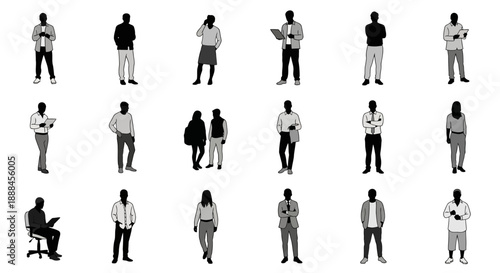 Diverse Collection of Human Silhouettes Standing and Sitting, Representing Business and Lifestyle